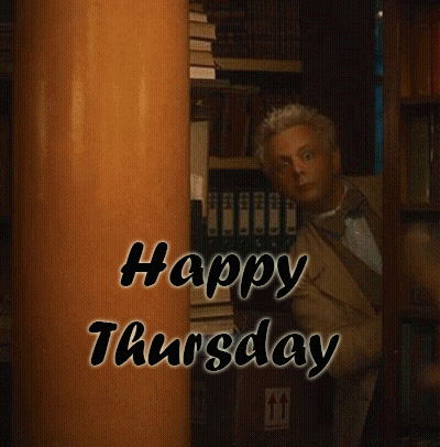 A Picture Of A Man With The Words Happy Thursday Written Above Him GIF