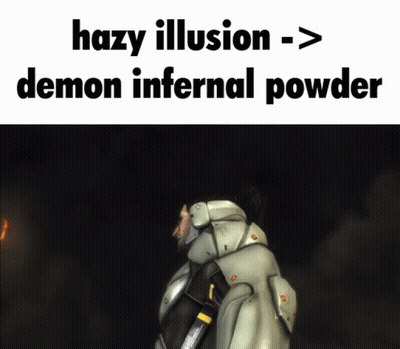 A Picture Of A Man With The Words Hazy Illusion Demon Infernal Powder On The Bottom GIF