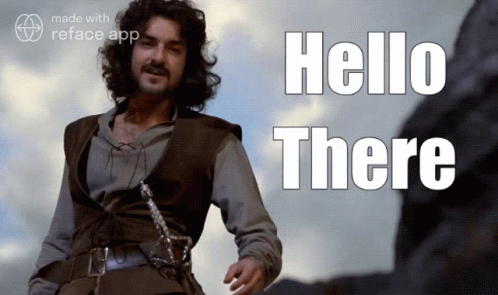 A Picture Of A Man With The Words Hello There Written On It GIF