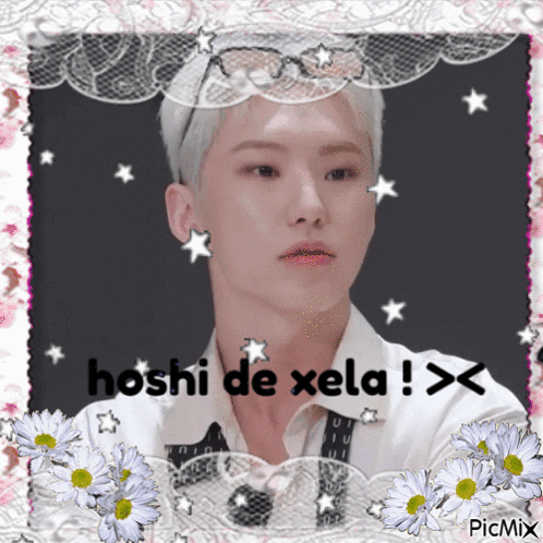 A Picture Of A Man With The Words Hoshi De Xela Written Above Him GIF
