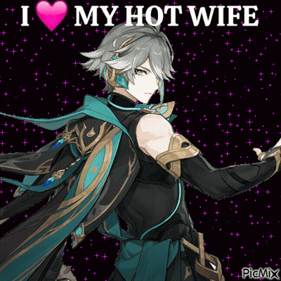 A Picture Of A Man With The Words " I Love My Hot Wife " On It GIF