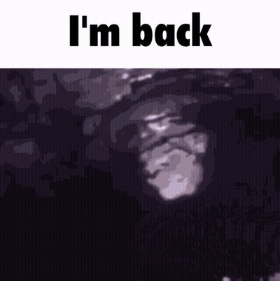 A Picture Of A Man With The Words " I 'M Back " Above Him GIF
