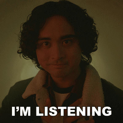A Picture Of A Man With The Words " I 'M Listening " Behind Him GIF