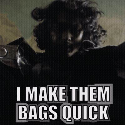 A Picture Of A Man With The Words " I Make Them Bags Quick " GIF