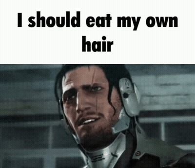 A Picture Of A Man With The Words I Should Eat My Own Hair Below Him GIF