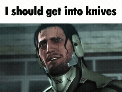 A Picture Of A Man With The Words I Should Get Into Knives On The Bottom GIF
