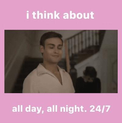 A Picture Of A Man With The Words " I Think About All Day All Night 24/7 " Below It GIF