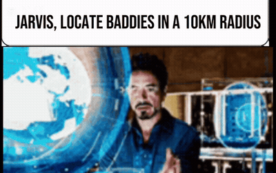 A Picture Of A Man With The Words Jarvis Locate Baddies In A 10Km Radius On It GIF