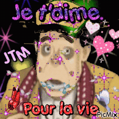 A Picture Of A Man With The Words Je T'aime Pour La Vie Written On It GIF