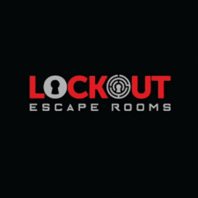 A Picture Of A Man With The Words Lockout Escape Rooms In Red GIF