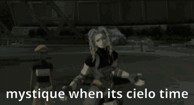 A Picture Of A Man With The Words Mystique When Its Cielo Time On It GIF
