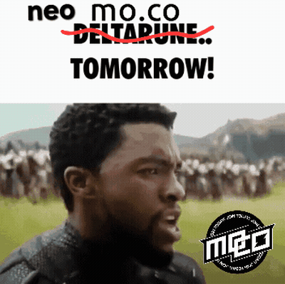A Picture Of A Man With The Words Neo Mo Co Deltarune Tomorrow Written Above Him GIF