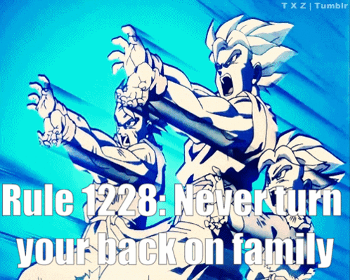 A Picture Of A Man With The Words Rule 1222 Never Turn Your Back On Family GIF