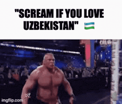 A Picture Of A Man With The Words " Scream If You Love Uzbekistan " On The Bottom GIF