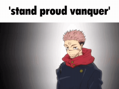 A Picture Of A Man With The Words ' Stand Proud Vanquer ' On The Top GIF