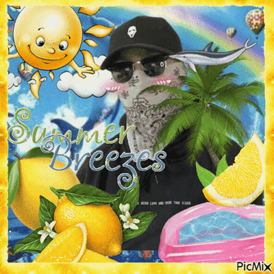 A Picture Of A Man With The Words Summer Breezes Written On The Bottom GIF
