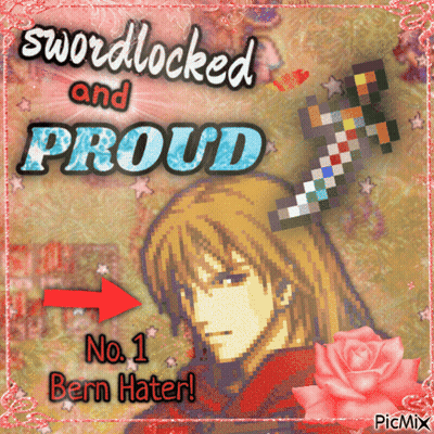 A Picture Of A Man With The Words Swordlocked And Proud On It GIF