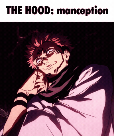 A Picture Of A Man With The Words " The Hood : Manception " At The Top GIF