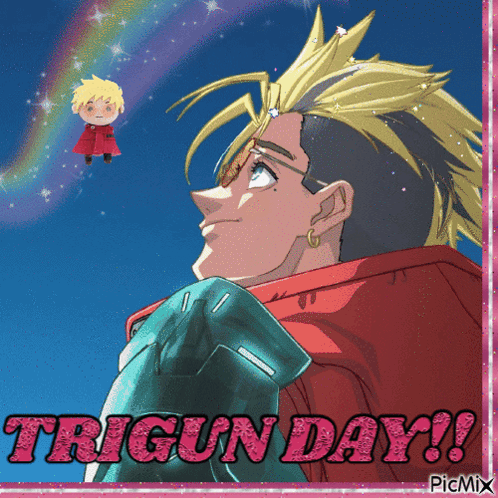 A Picture Of A Man With The Words Trigun Day Written In Pink GIF