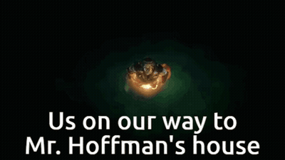 A Picture Of A Man With The Words Us On Our Way To Mr. Hoffman 'S House Above Him GIF