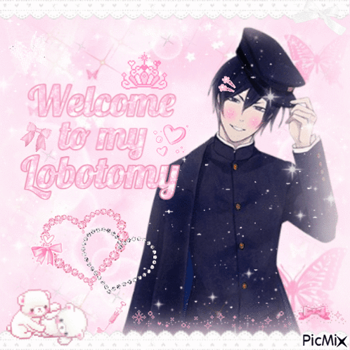 A Picture Of A Man With The Words Welcome To My Lobotomi Written On It GIF