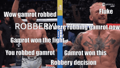 a picture of a man with the words wow gamrot robbed robbery were robbing gamrot now and gamrot won the fight