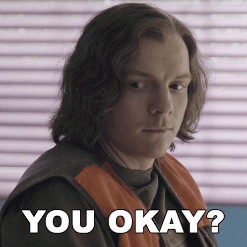 A Picture Of A Man With The Words " You Okay " Above Him GIF