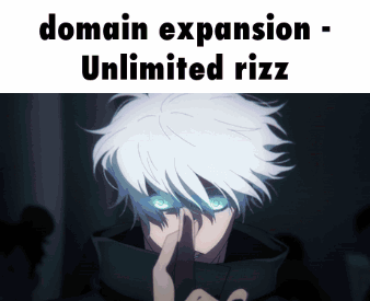A Picture Of A Man With White Hair And Blue Eyes With The Words Domain Expansion Unlimited Rizz GIF