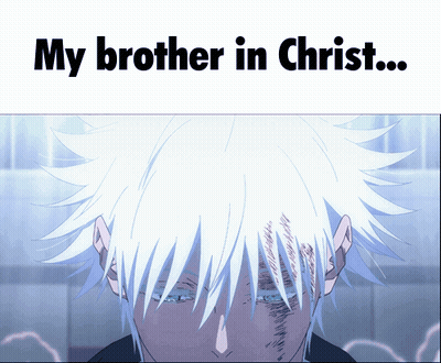 A Picture Of A Man With White Hair And The Words " My Brother In Christ " Above Him GIF