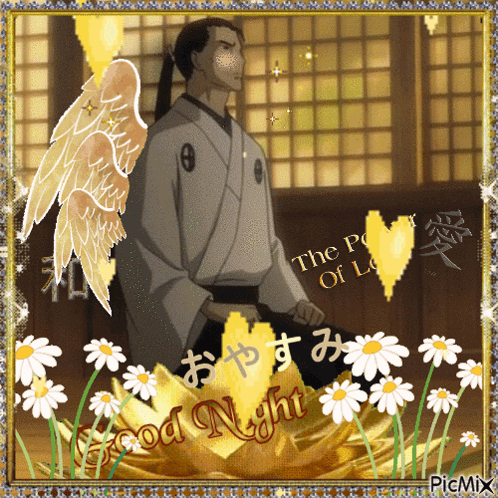 A Picture Of A Man With Wings And The Words " Good Night " GIF