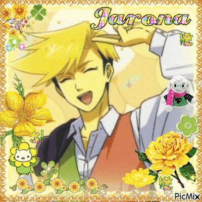 A Picture Of A Man With Yellow Hair And The Name Jarona GIF