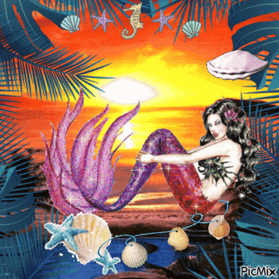 A Picture Of A Mermaid Sitting On A Beach With Seashells And A Seahorse GIF