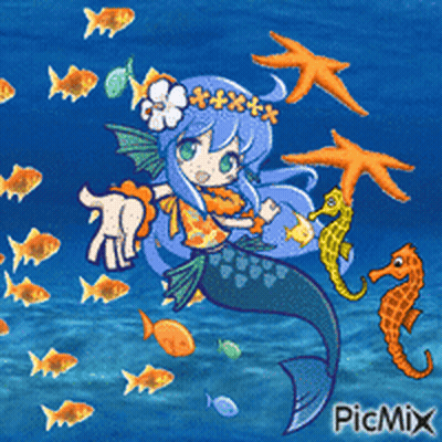 A Picture Of A Mermaid Surrounded By Fish And Seahorses With Picmix In The Bottom Right Corner GIF