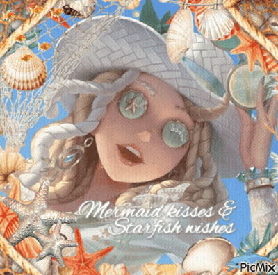 A Picture Of A Mermaid With The Words Mermaid Kisses & Starfish Wishes GIF