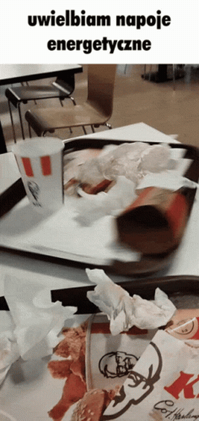 A Picture Of A Messy Kfc Tray With A Cup On Top Of It GIF