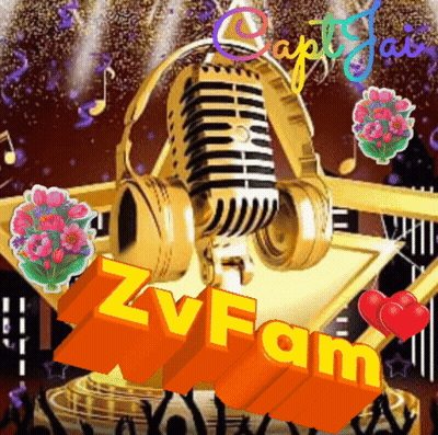 A Picture Of A Microphone And Headphones With The Name Zvfam On The Bottom GIF