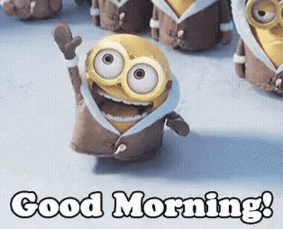A Picture Of A Minion Wearing A Coat And Mittens With The Words `` Good Morning '' Below It . GIF