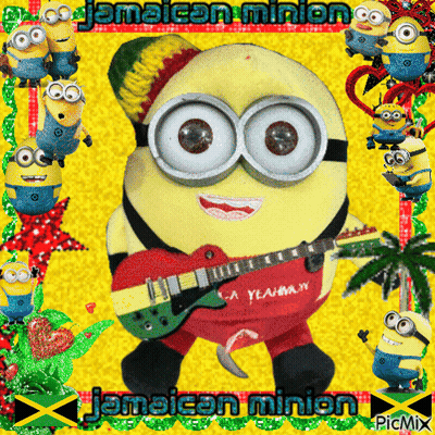 A Picture Of A Minion With A Guitar And The Words Jamaican Minion On The Bottom GIF