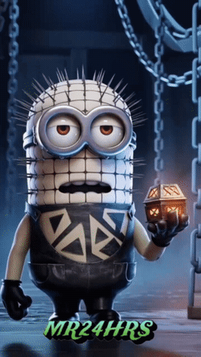A Picture Of A Minion With Spikes On His Head And The Words Mr24hrs On The Bottom Right GIF