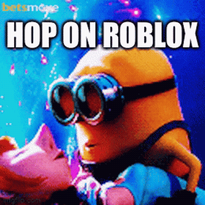 A Picture Of A Minion With The Words Hop On Roblox Written On It GIF
