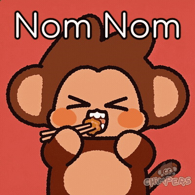 A Picture Of A Monkey Eating Something With The Words Nom Nom Written Above It GIF