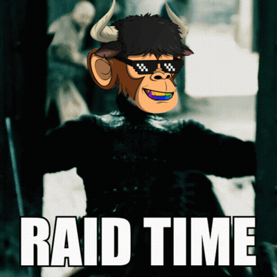 A Picture Of A Monkey Wearing Sunglasses And Horns With The Words Raid Time Below It GIF