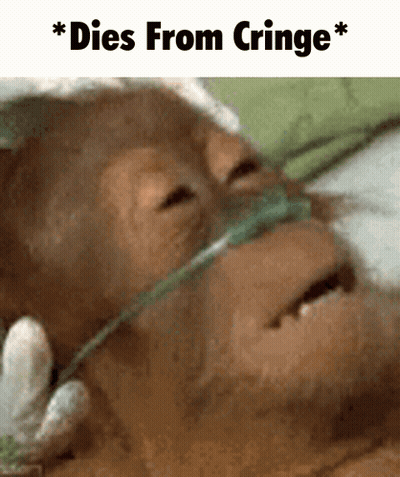A Picture Of A Monkey With An Oxygen Mask And The Words Dies From Cringe Above It GIF