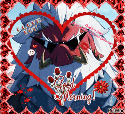 A Picture Of A Monster Wearing Sunglasses And A Heart Shaped Frame That Says Good Morning GIF