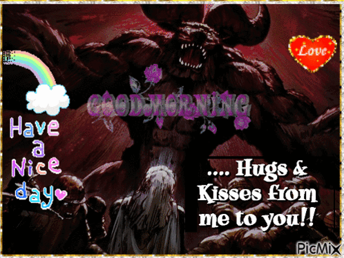 A Picture Of A Monster With The Words Good Morning Hugs And Kisses From Me To You On It GIF