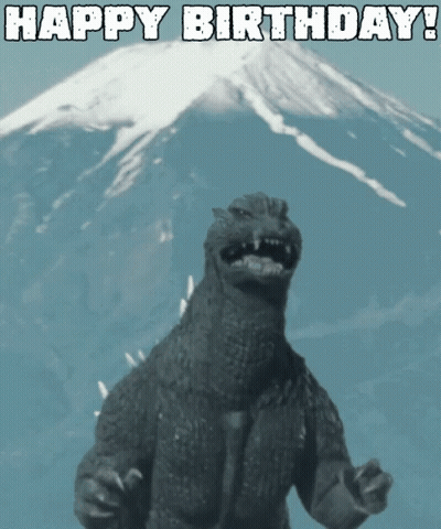 A Picture Of A Monster With The Words Happy Birthday In White Letters GIF
