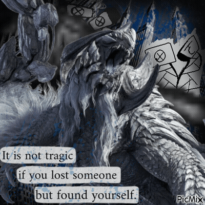 A Picture Of A Monster With The Words " It Is Not Tragic If You Lost Someone But Found Yourself " Below It GIF