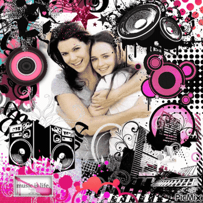 A Picture Of A Mother And Daughter Hugging With The Words Music Is Life On The Bottom GIF