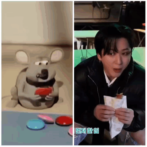 A Picture Of A Mouse And A Picture Of A Person Eating A Sandwich GIF
