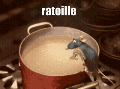 A Picture Of A Mouse In A Pot With The Word Ratatouille Above It GIF